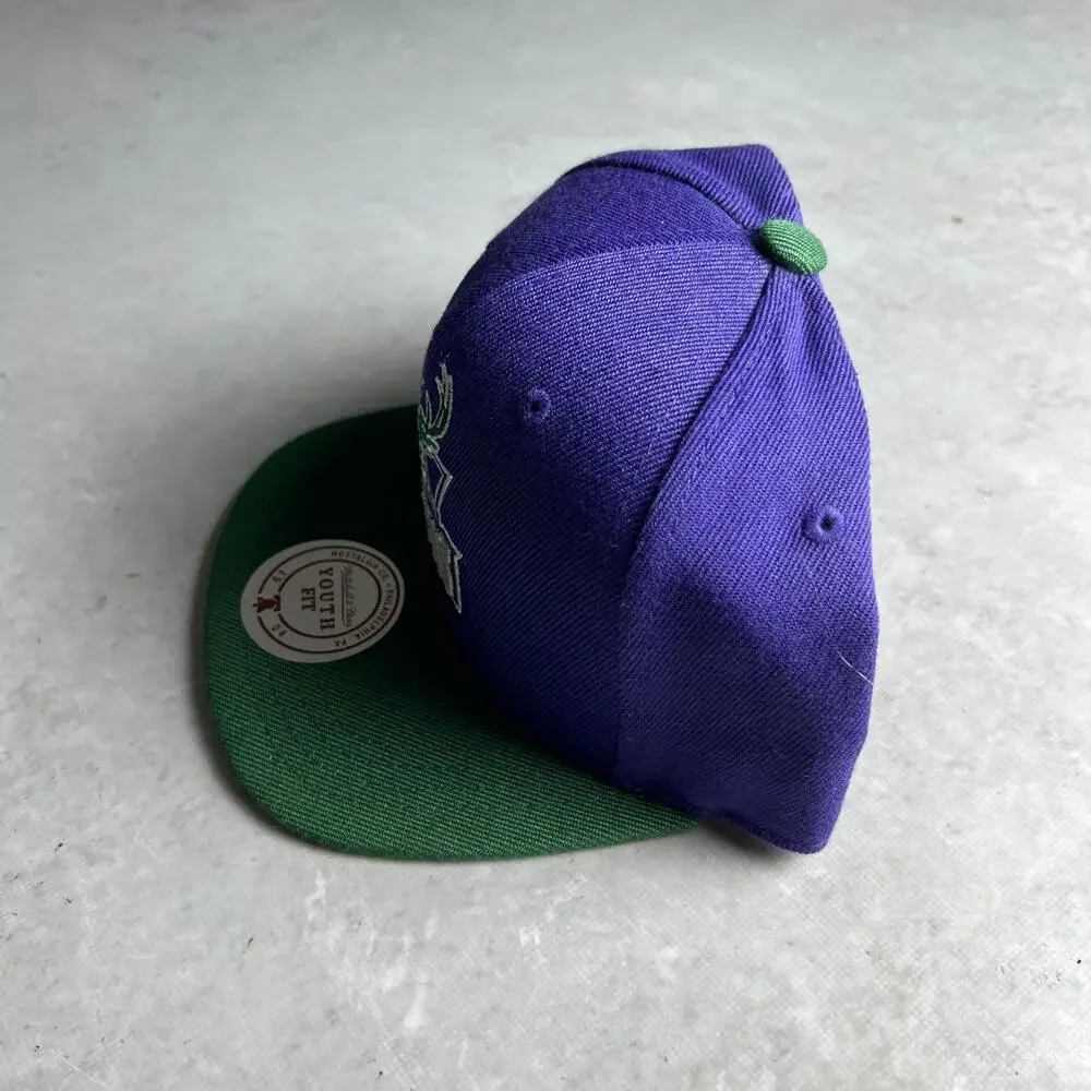 Mitchell And Ness Milwaukee Bucks SnapBack Hat Logo Purple Green Youth Fit NWT